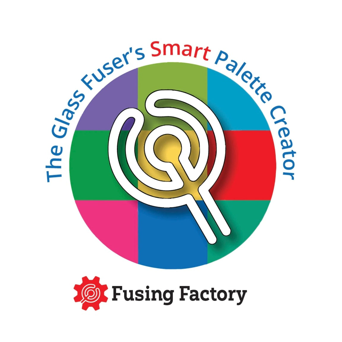 A digital logo graphic for 'The Glass Fuser's Smart Palette Creator' by 'Fusing Factory', featuring a colorful segmented circle with a stylized magnifying glass icon in the center and a red gear logo below, displayed on a white screen with a smartphone status bar at the top.
